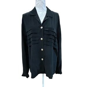 Tess Vintage Sz M* Black Silk Blouse Business Long Sleeve Professional Office